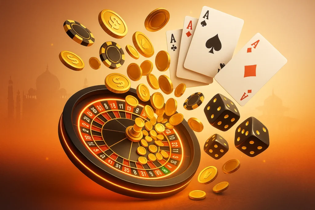 Casino roulette wheel with poker chips, golden coins, dice and playing cards on glowing orange background