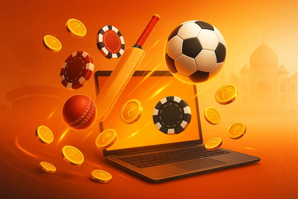 Online casino and sports betting illustration with laptop, poker chips, cricket bat and ball, football, and gold coins on orange background